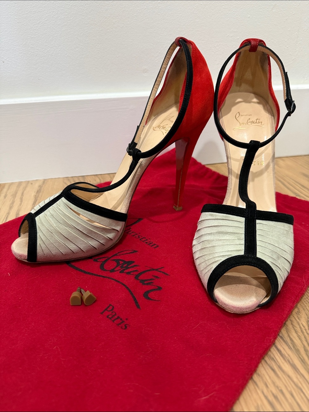 Christian Louboutin Red, Black & Grey T-Strap Peep-Toe Heels